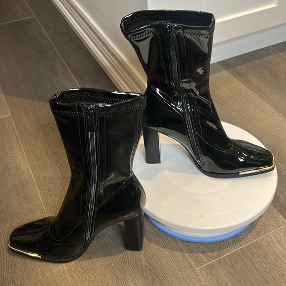 Faux Patent Leather Square Metal Toe Mid Calf Thick High Heels Go Go Boots - Picture 9 of 16